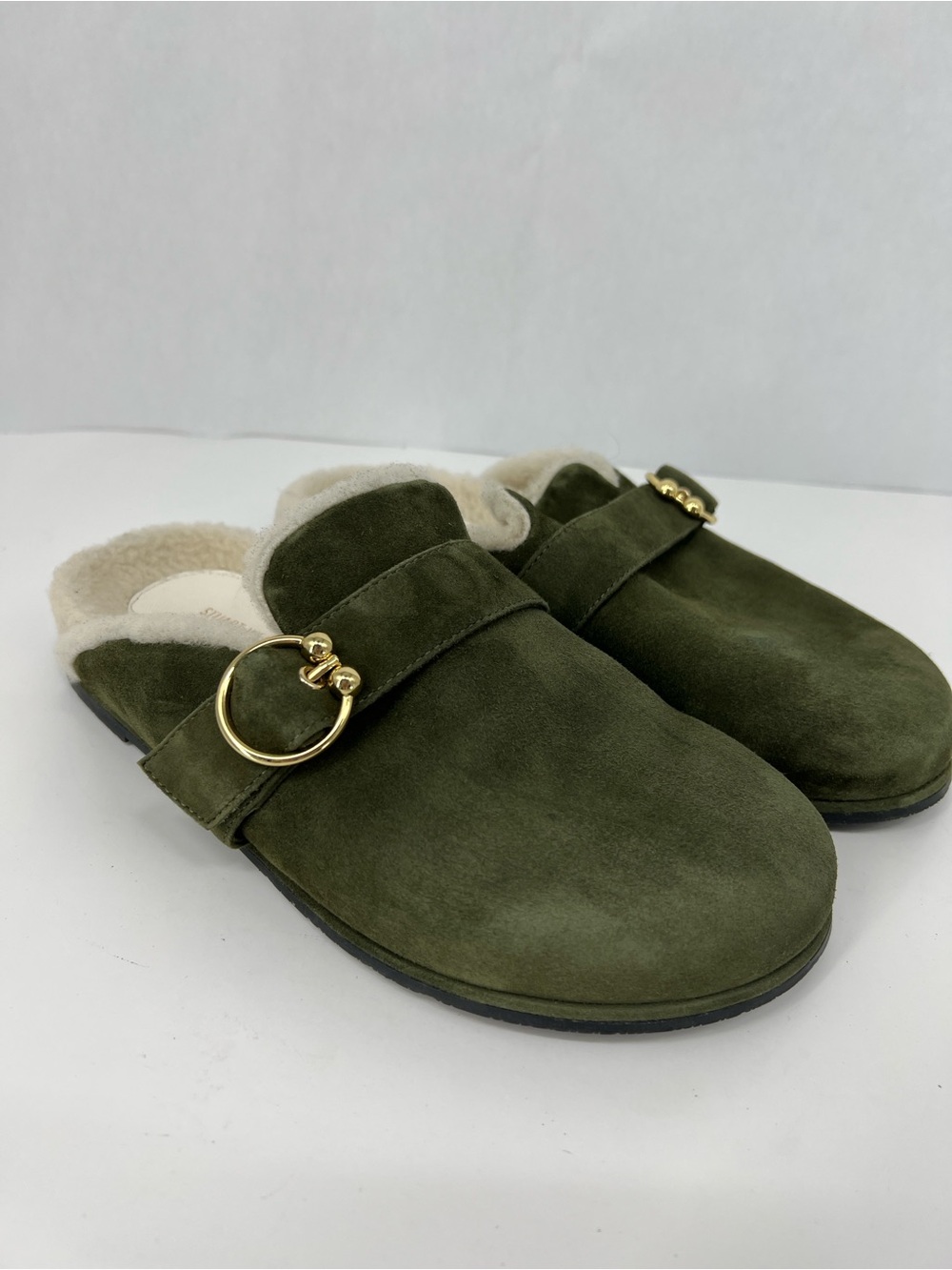 Stuart Weitzman Olive Green Suede Shearling-Trim Mules with Gold Ring